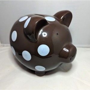 Brown Piggy Coin Bank Elegant Baby Blue Polka Dots Nursery Money Boy Girl Gift